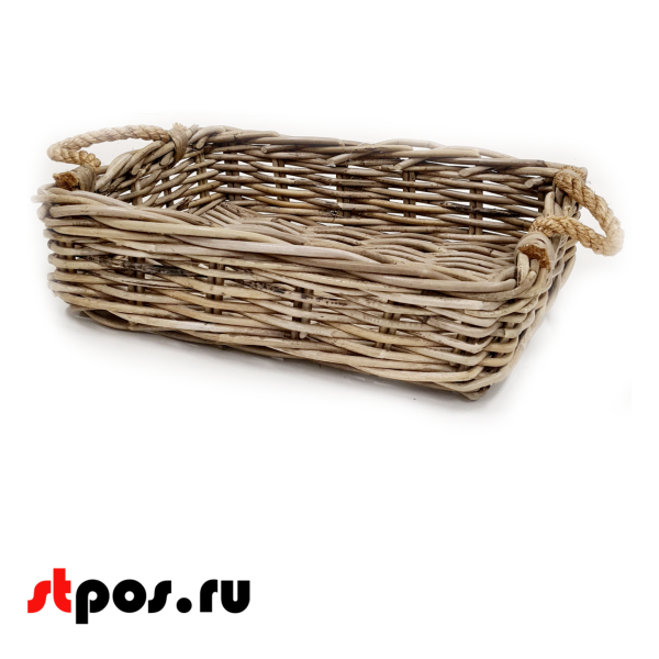 00_Корзина прямоугольная плетеная из цельного ротанга, 430х320х120 мм, Серая