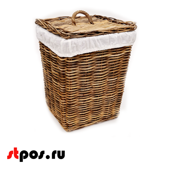 00_Корзинка квадратная плетеная из натурального ротанга+ткань,с крышкой с ручкой, 460х460х460 мм, Коричневый