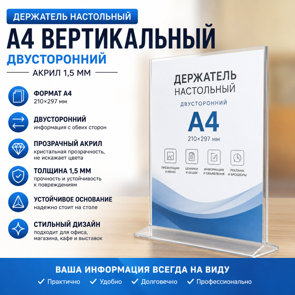 stpos2_Держатель настольный А4, 210х325х80мм, вертикальный, двусторонний, акрил 1,5мм, Прозрачный