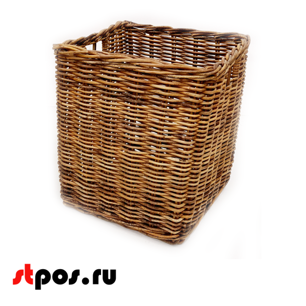00_Корзинка квадратная плетеная из натурального ротанга, ручки в виде прорезей, 380х380х390 мм, Коричневый