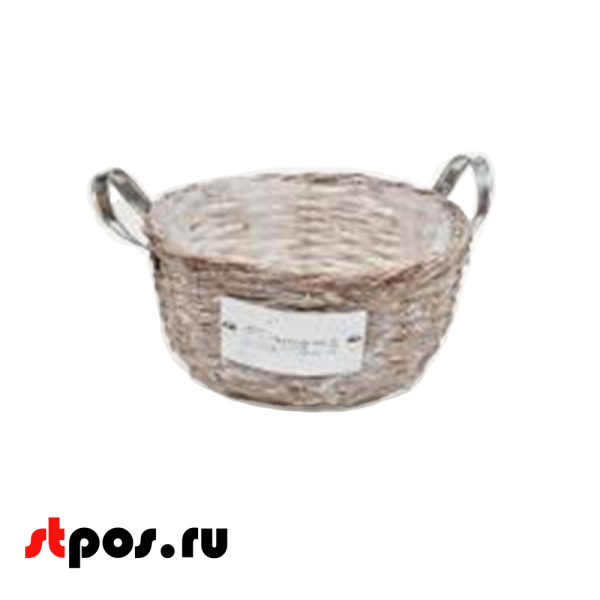 00_Корзина круглая плетенная из натуральной ивовой лозы, внутри пленка, две ручки, D 190 мм, Светлая