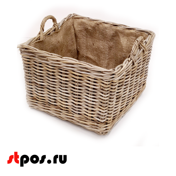 00_Корзинка квадратная плетеная из натурального ротанга с двумя ручками, 370х370х260 мм, Серый