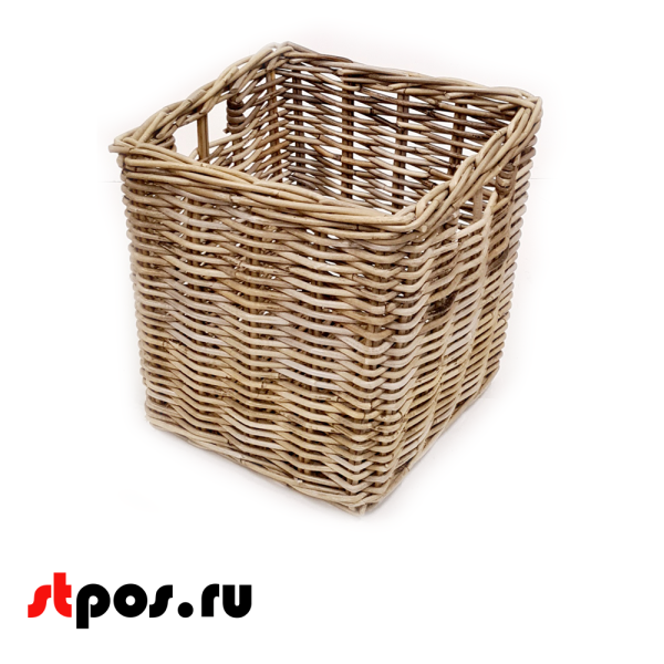 00_Корзинка квадратная плетеная из натурального ротанга, ручки в виде прорезей, 380х380х390, Серый