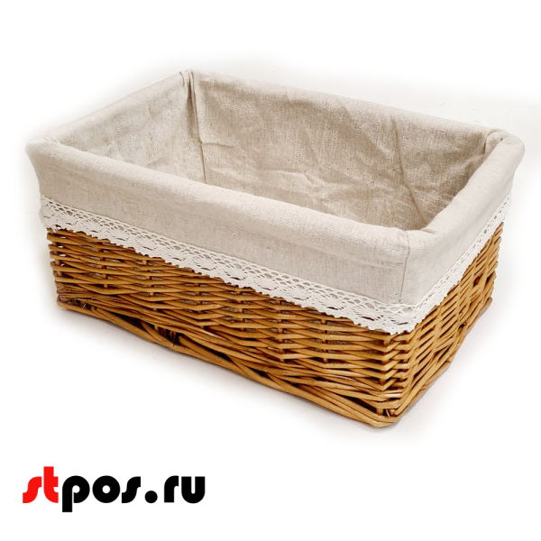 00_Корзинка прямоугольная плетенная из цельной ивовой лозы, внутри ткань, 350х240 мм, Коричневая