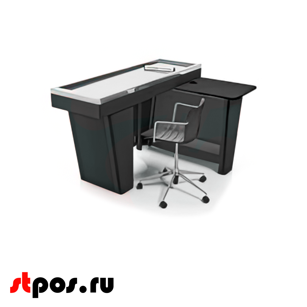 02_Кассовый бокс Stream-M-150 Light с тумбой кассира,без вырезов, шлиф. нерж, RAL7016 Серый, универсал