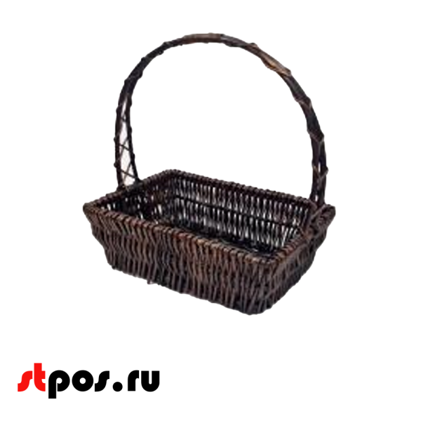 00_Корзина плетенная прямоугольная, высокая полукруглая ручка, цельный прут, 450х340х160мм, высота ручки 480 мм,  Коричный
