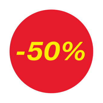 1_Ценники-стикеры самоклеящиеся минус 50%, съемный клей, круг 29мм, красный с желтым (250шт)