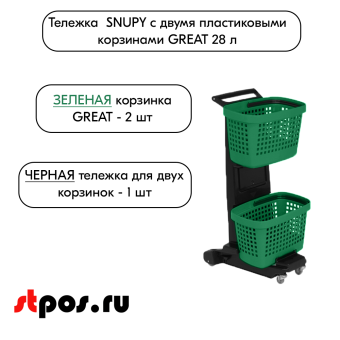03_НАБОР Тележка SNUPY черная с двумя зелеными пластиковыми корзинами GREAT 28л