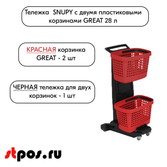 01_НАБОР Тележка SNUPY черная с двумя красными пластиковыми корзинами GREAT 28л