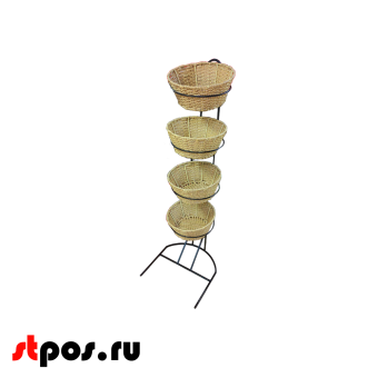 00_Стойка вертикальная металлическая + 4 плетеные корзины из полиротанга,450х450х1250мм, цвет натуральн